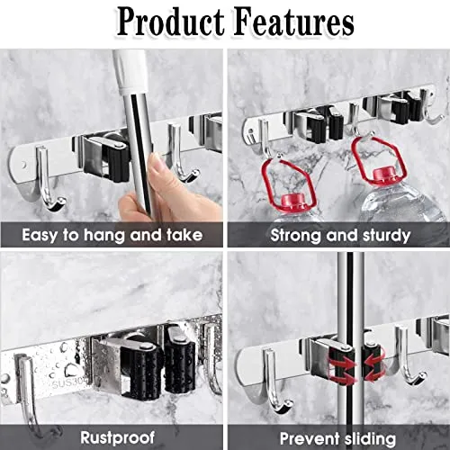 2 Racks and 3 Hooks Broom and Mop Holder Wall Mounted Garage Organizer Storage Tool Racks Stainless Steel Heavy Duty Hooks Self Adhesive Solid Non-slip Wall Hangers for Home Kitchen Garden Laundry