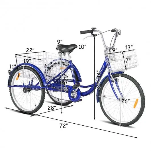 26" Seat Height Adjustable Single Speed 3-wheel Tricycle with Bell-Blue