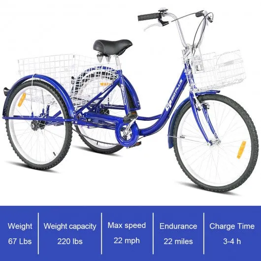 26" Seat Height Adjustable Single Speed 3-wheel Tricycle with Bell-Blue