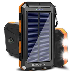 Durecopow Solar Charger, 20000mAh Portable Outdoor Waterproof Solar Power Bank, Camping External Backup Battery Pack Dual 5V USB Ports Output, 2 Led Light Flashlight with Compass (Orange)