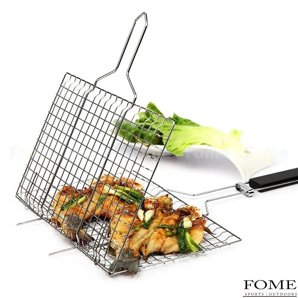 Grilling Basket,FOME Portable Stainless Steel BBQ Grilling Basket with Wooden Handle for Fish,Steak,Shrimp,Vegetables Professional-Grade Grilling Basket for 2-3 people 21.06X8.85X0.7in