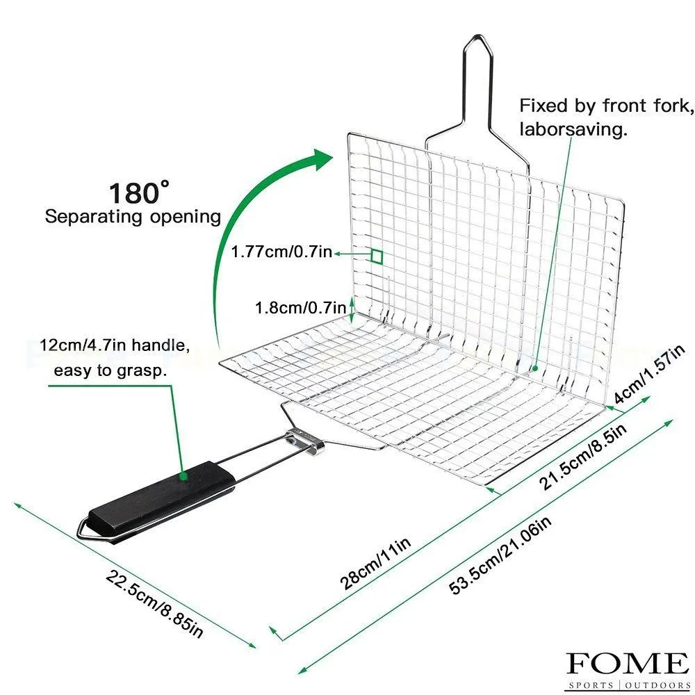 Grilling Basket,FOME Portable Stainless Steel BBQ Grilling Basket with Wooden Handle for Fish,Steak,Shrimp,Vegetables Professional-Grade Grilling Basket for 2-3 people 21.06X8.85X0.7in